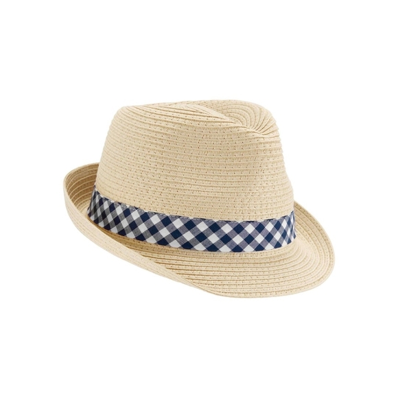 Carter’s Boy 8 up Fedora Straw Sun Hat Cap Blue Gingham Check Ribbon - Picture 1 of 1